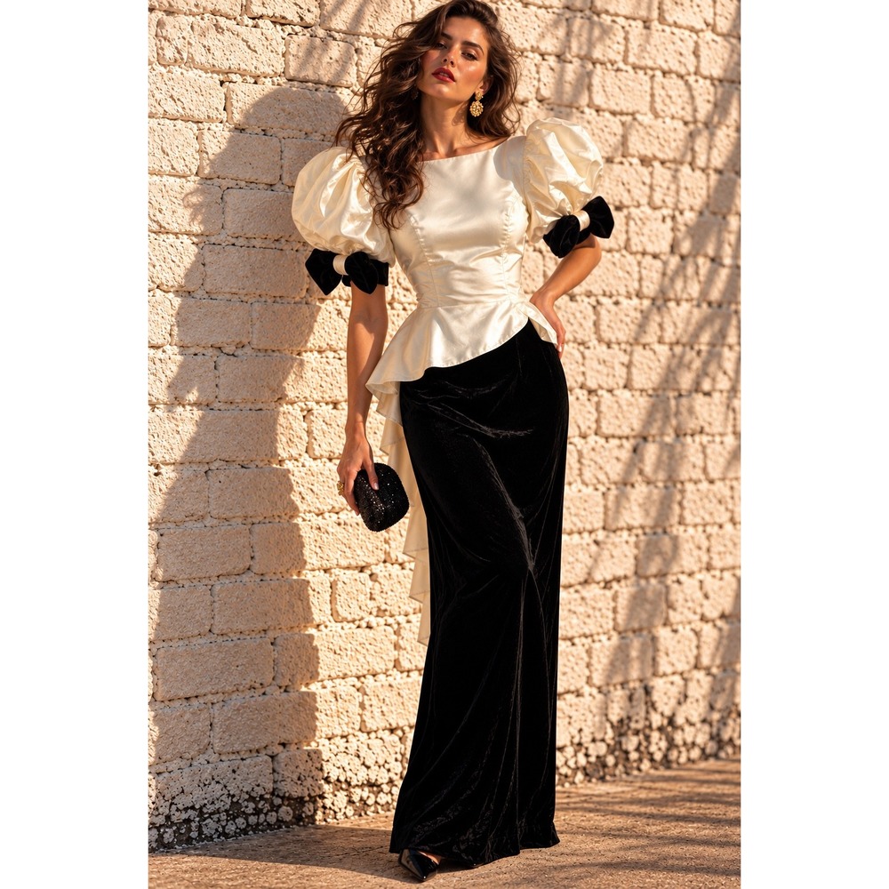 Vintage 80s Ivory Peplum Black Velvet Bow Puff Sleeve Formal Dress Union 10